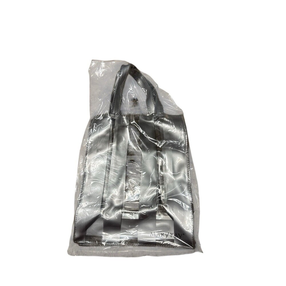 Mary Kay Clear & Silver Vinyl Plastic Tote Bag Silver Handle 9” X 7” X 4”